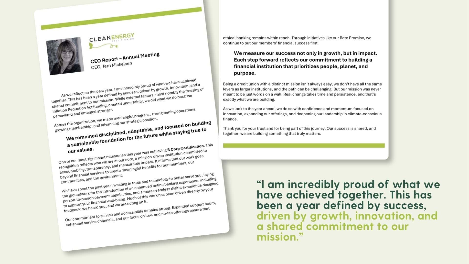 Two-page CEO Report from the 2026 Clean Energy Credit Union Annual Meeting written by CEO Terri Mickelsen, featuring a pull quote reading "I am incredibly proud of what we have achieved together. This has been a year defined by success, driven by growth, innovation, and a shared commitment to our mission."