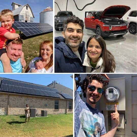 A collage of four photos showing Clean Energy Credit Union members with their clean energy investments. Top left: a family with two young children smiles in front of a solar panel installation on a farm. Top right: a couple takes a selfie in front of two electric vehicles, including a red Rivian with its hood open. Bottom left: a person stands in front of a stone building with a large rooftop solar array and an HVAC unit. Bottom right: a person smiles and points proudly at their home energy meter.