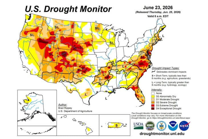 US Drought Map June of 2026 provided by ncei.noaa.gov
