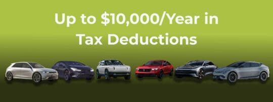 A graphic with the text, "Up to $10,000/Year in Tax Deductions" and electric vehicles under it.