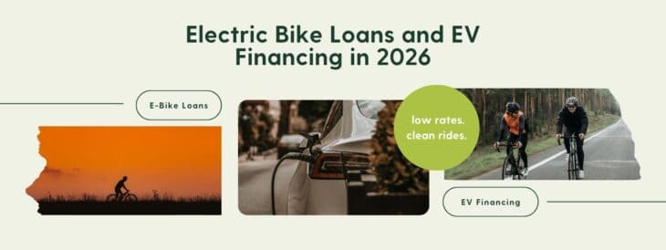 Banner graphic for Clean Energy Credit Union's electric bike loans and EV financing article featuring three photos of a cyclist at sunset, an electric vehicle charging port, and two cyclists on a road, with the title "Electric Bike Loans and EV Financing in 2026" and the tagline "low rates. clean rides."