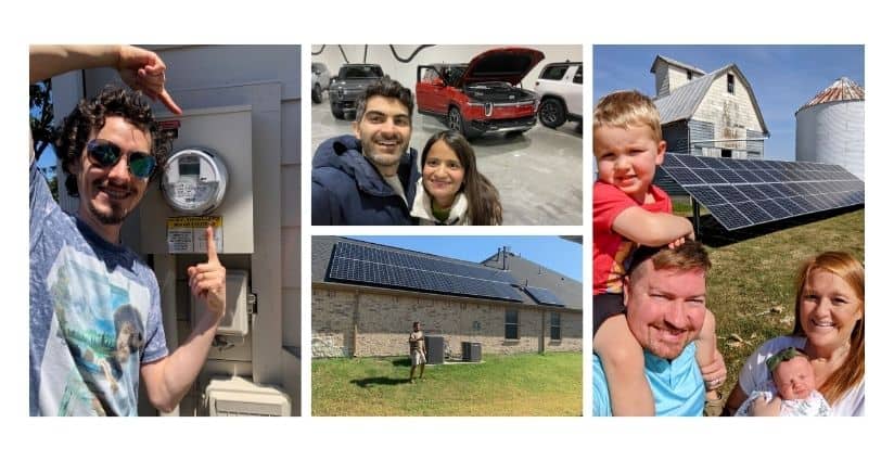 A collage of Clean Energy Credit Union members with their clean energy investments. From left: a person smiles and points at their home energy meter. Center top: a couple takes a selfie in front of two electric vehicles including a red Rivian with its hood open. Center bottom: a person stands in front of a stone building with a large rooftop solar array. Right: a family with two young children smiles in front of a solar panel installation on a farm.