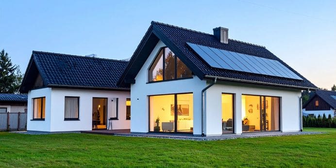 A photo of a home with solar panels.